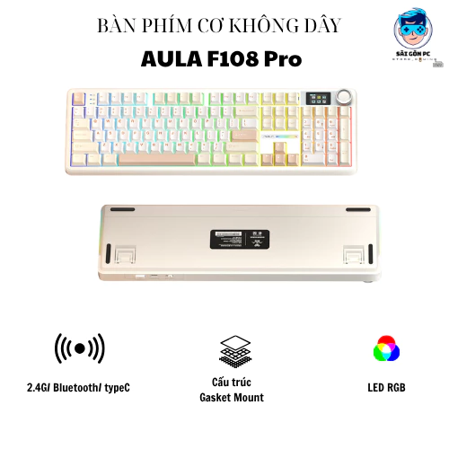 Bàn phím cơ Silent không dây AULA F108 Pro - Hỗ trợ hotswap - LED RGB - 3 mode kết nối - Có App - Núm xoay