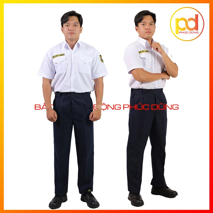 Bộ quần áo đồng phục bảo vệ màu trắng ngắn tay chuyên nghiệp cotton thấm hút mồ hôi tốt đầy đủ logo cánh tay và ngực sec