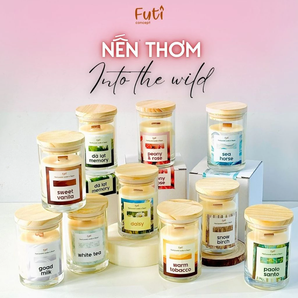 Nến Thơm Thiên Nhiên Cao Cấp, Cốc Thuỷ Tinh Nắp Gỗ 100g – Hương Dịu Nhẹ, Đặc Biệt