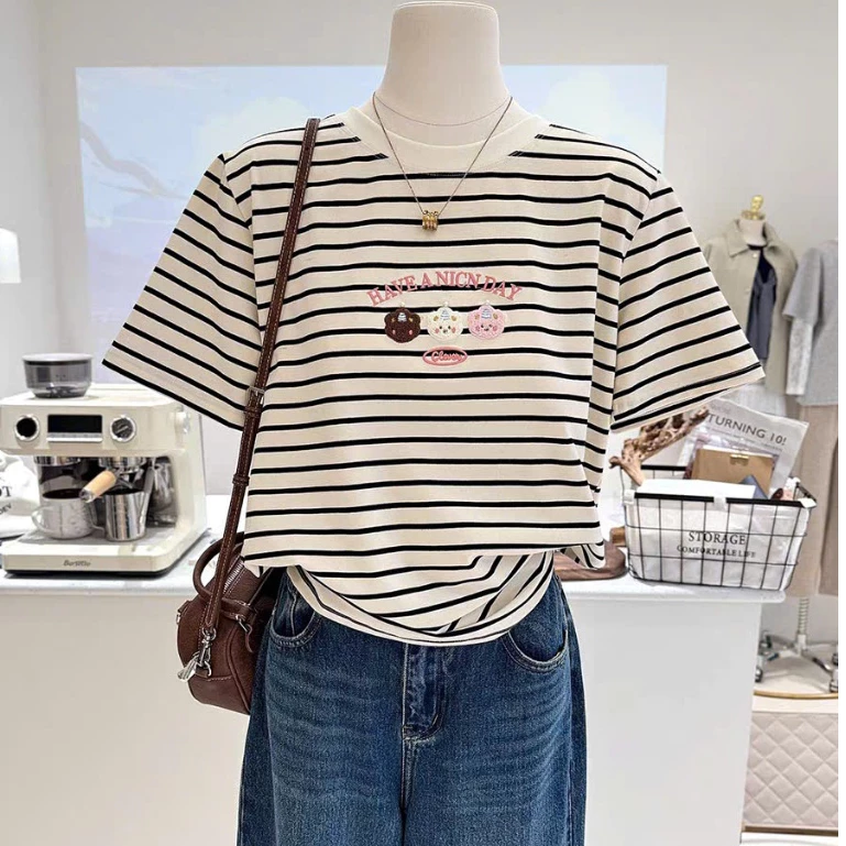 Áo thun cotton Ngắn Tay Nữ in hình dễ thương ANHSTORE , áo thun Sọc , Trơn chất mềm mại phom suông Basic