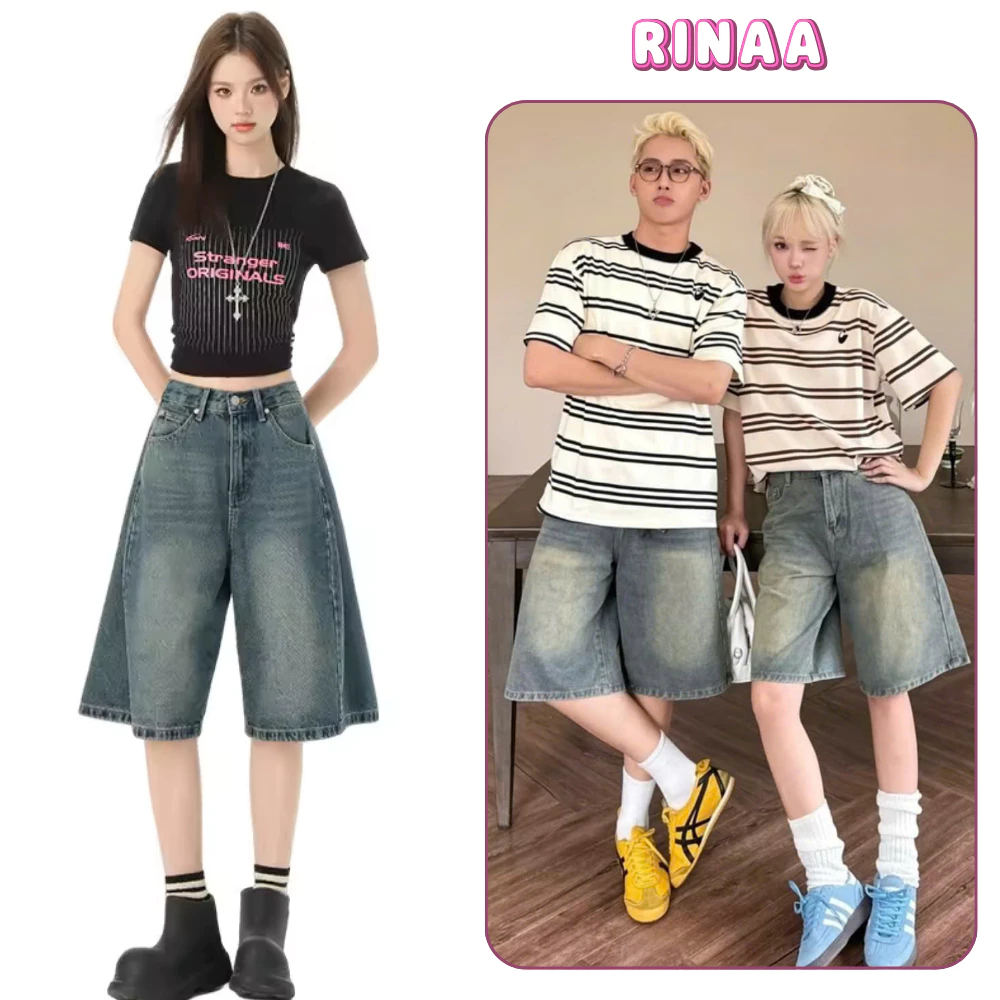 Quần short ngố RINAA, quần bò lửng ống rộng nam nữ unisex cá tính đa style