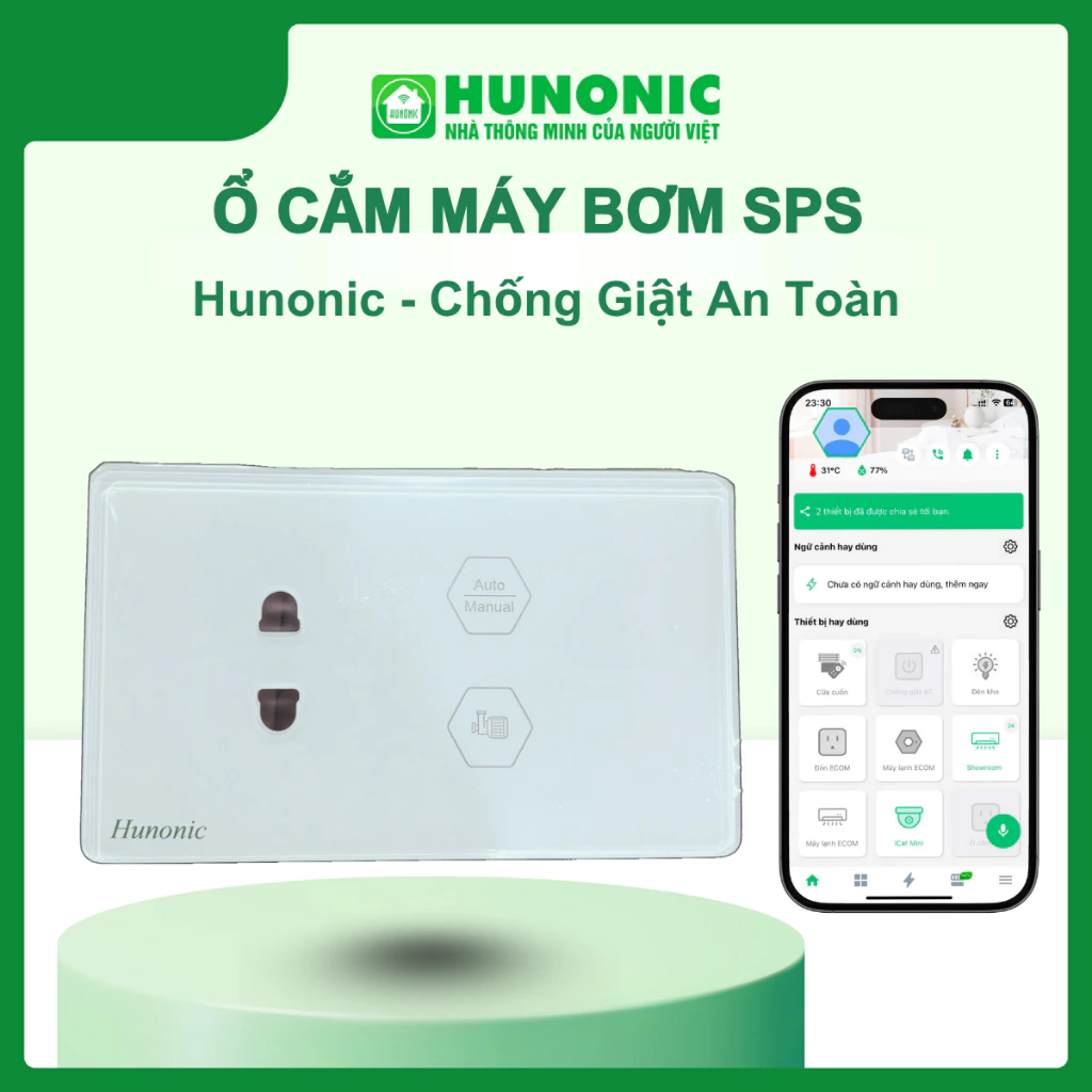 Ổ Cắm Máy Bơm Chống Giật An Toàn Hunonic SPS Hẹn Giờ Bật Tắt Qua Điện Thoại, An Toàn Điện