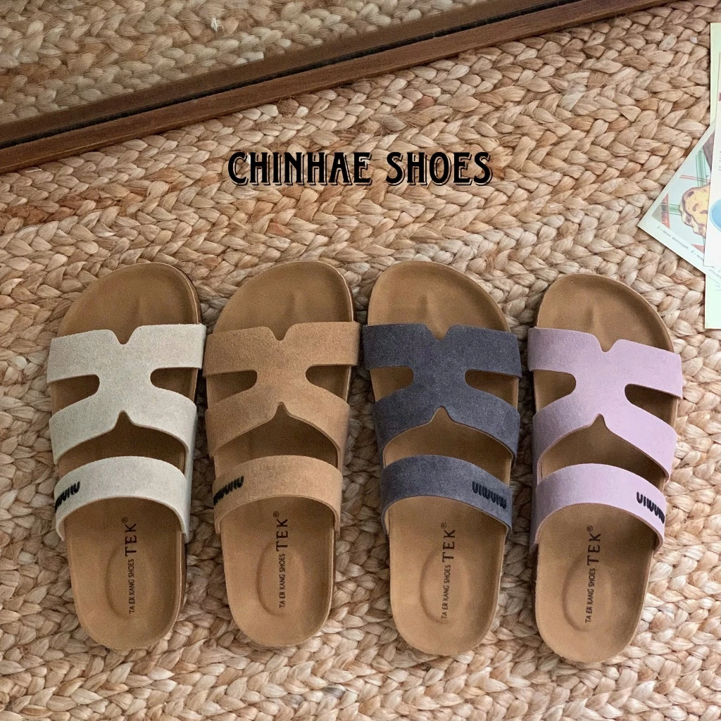 Dép lê quai ngang chữ H minmin da lộn đế trấu siêu mềm êm ái phing cách vintage cho nữ retro dạo phố D049