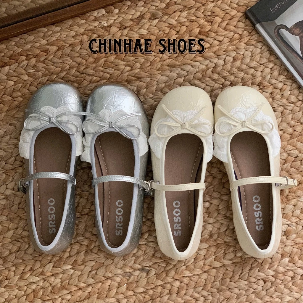 Giày búp bê nơ da pu srsoo phối mũi ren siêu mềm êm ái phong cách tiểu thư vintage cho nữ đi tiệc dạo phố G079