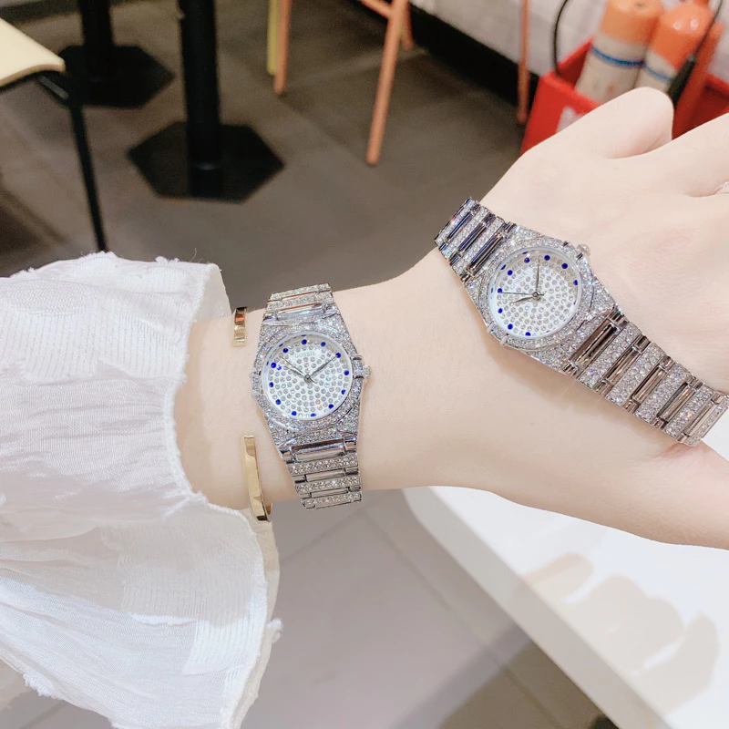 Đồng Hồ Nữ Gossie Pi Full Đá Trấu Trắng Phối 12 Đá Xanh Lam Cao Cấp Sang Trọng