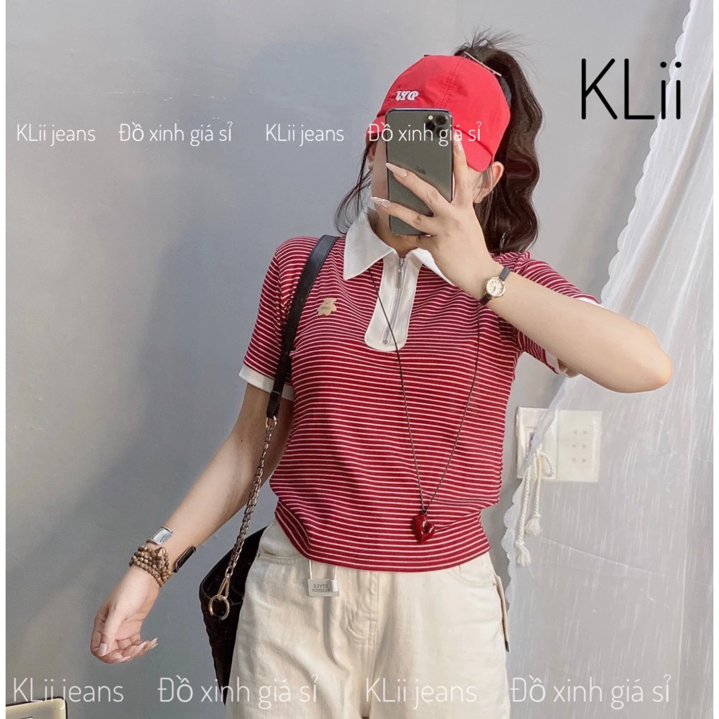 Áo thun cộc tay cổ trụ polo Sọc cổ phối (ép gấu lucky) xinh 🌷KLii sẵn