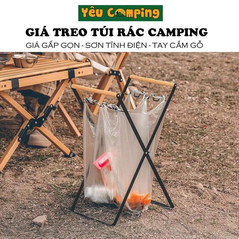 Giá Treo Túi Rác Gấp Gọn Tiện Dụng Dùng Cắm  Trại  Dã Ngoại Bằng Thép Có Tay Cầm Bằng Gỗ