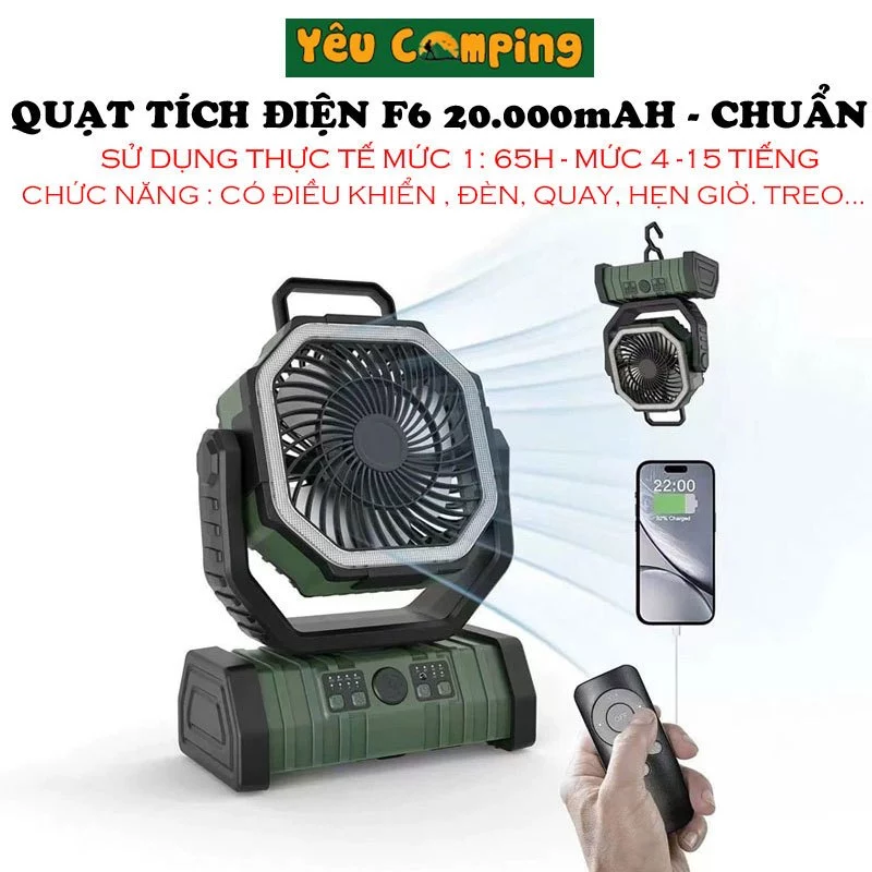 [KÈM ĐIỀU KHIỂN] Quạt Tích Điện Camping F6, F22 40000mAh dùng liên tục 120 tiếng test thực tế