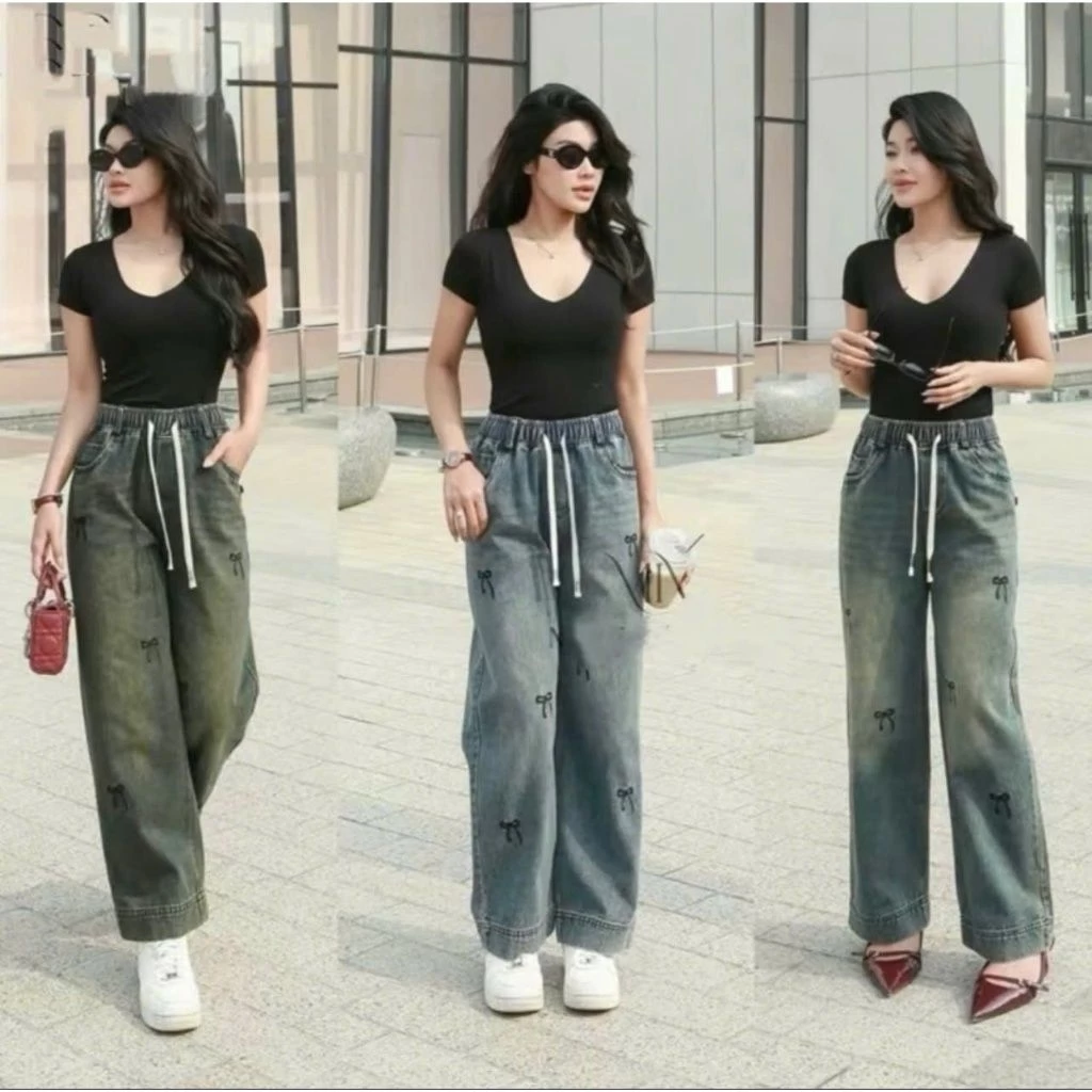 Quần Jean Nữ Ống Suông Thêu Nơ Cạp Chun Lưng Cao Trẻ Trung Năng Động, Vải Jean Thổ Dày Dặn Mềm Mịn