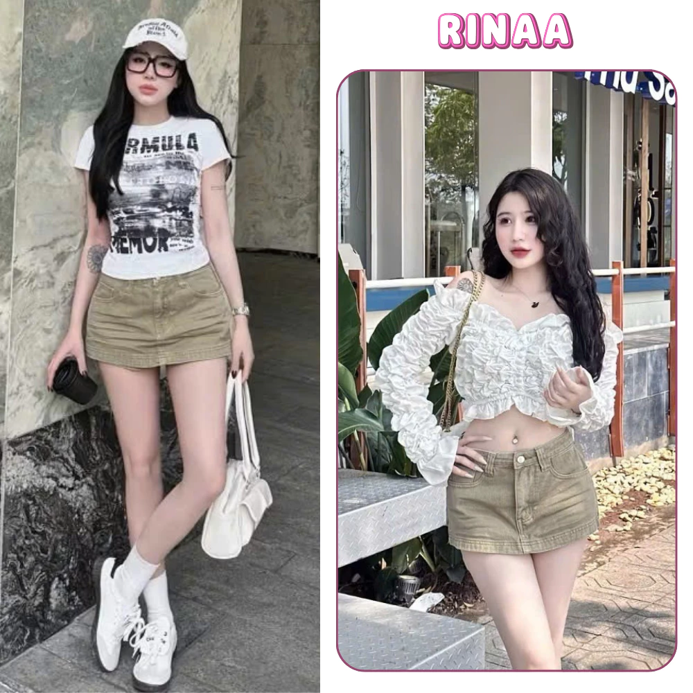 Chân váy jeans ngắn RINAA dáng chữ A có quần bảo hộ, chân váy ngắn cạp cao ôm body sang chảnh