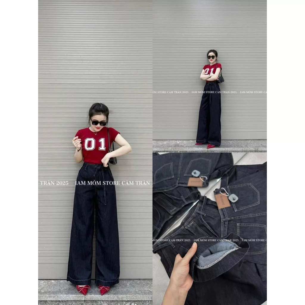 Quần Bò Jeans Nữ Ống Rộng, Quần Bò Denim Suông Ống Rộng Màu Xanh Đậm Than Kèm Dây Bản Cạp Cao Siêu Hách Dáng Cực Đỉnh