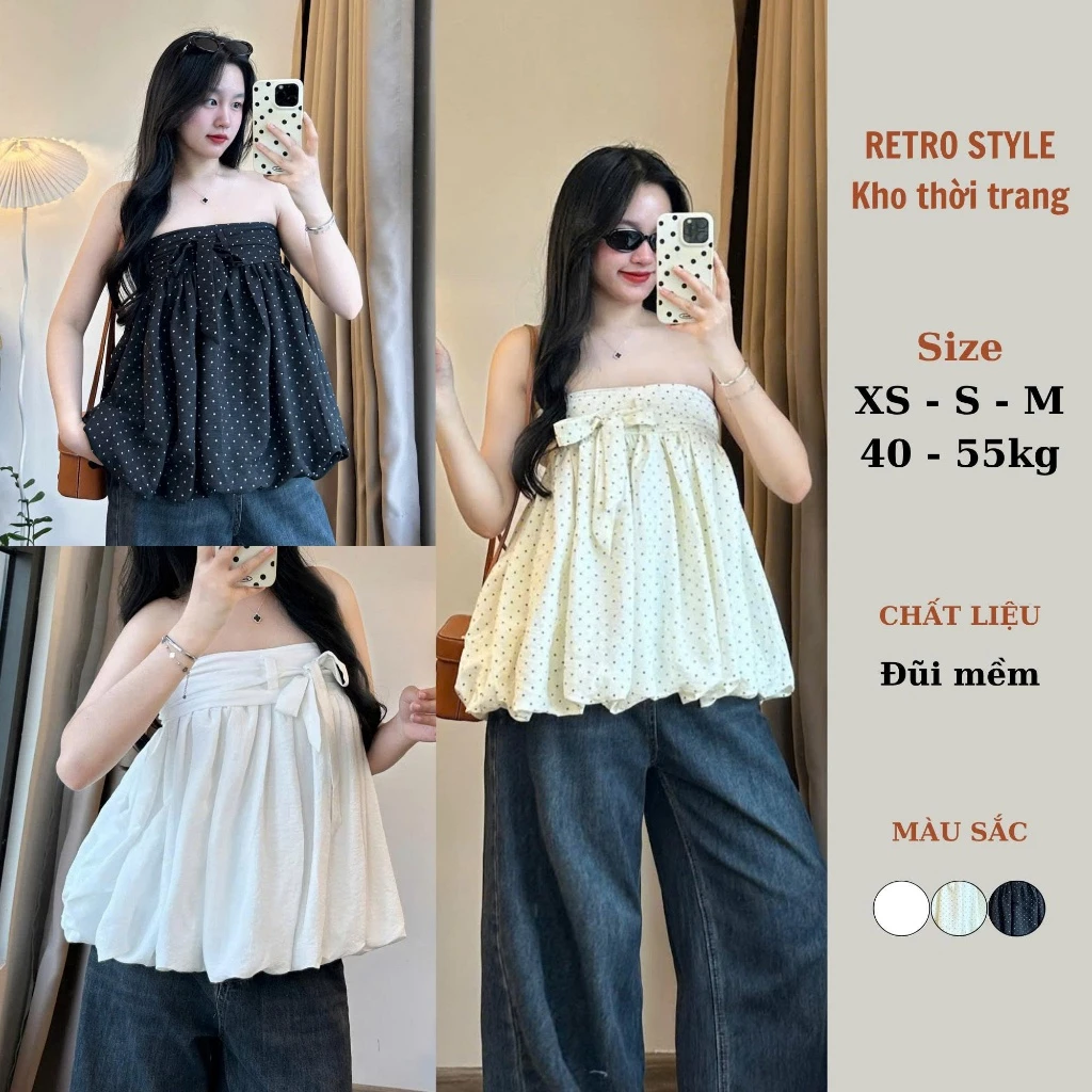 Áo Cúp Ngực Quây Phồng Thắt Nơ retrostyle Áo Bí Cup Ngực Tôn Dáng 520