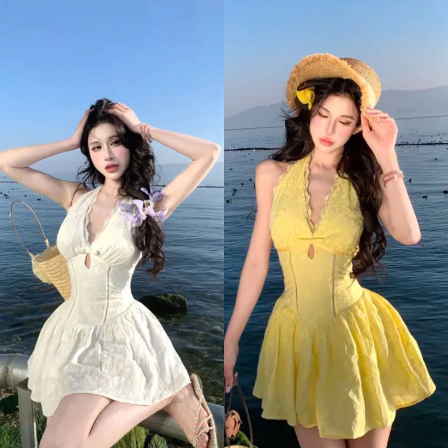 𝙃𝘼𝙉𝘼.𝘾𝙡𝙤𝙩𝙝// Đầm Cổ Yếm Đi Biển, Đầm Váy Thiết Kế Dáng Xoè Chất Ren Xịn Mịn Dáng Ngắn Cho Nàng Mặc Đi Du Lịch