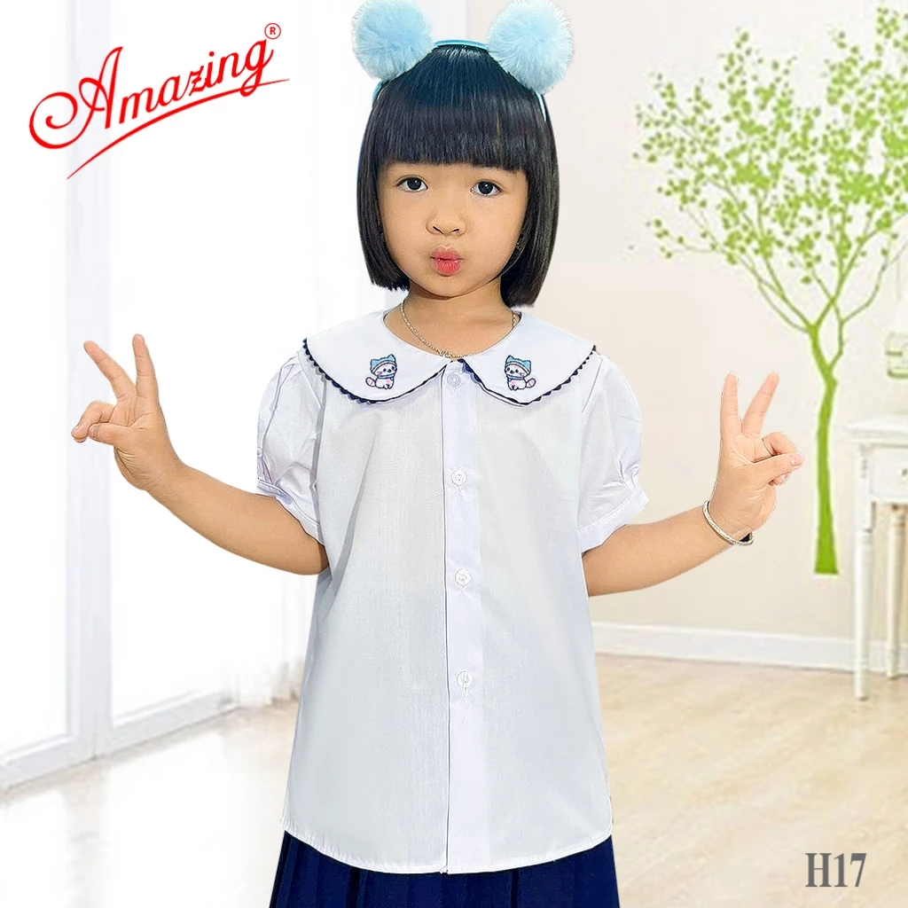Áo cổ sen thêu cho bé gái đi học, đồng phục cấp 1, tay bồng, vải KT silk mềm mát, Amazing