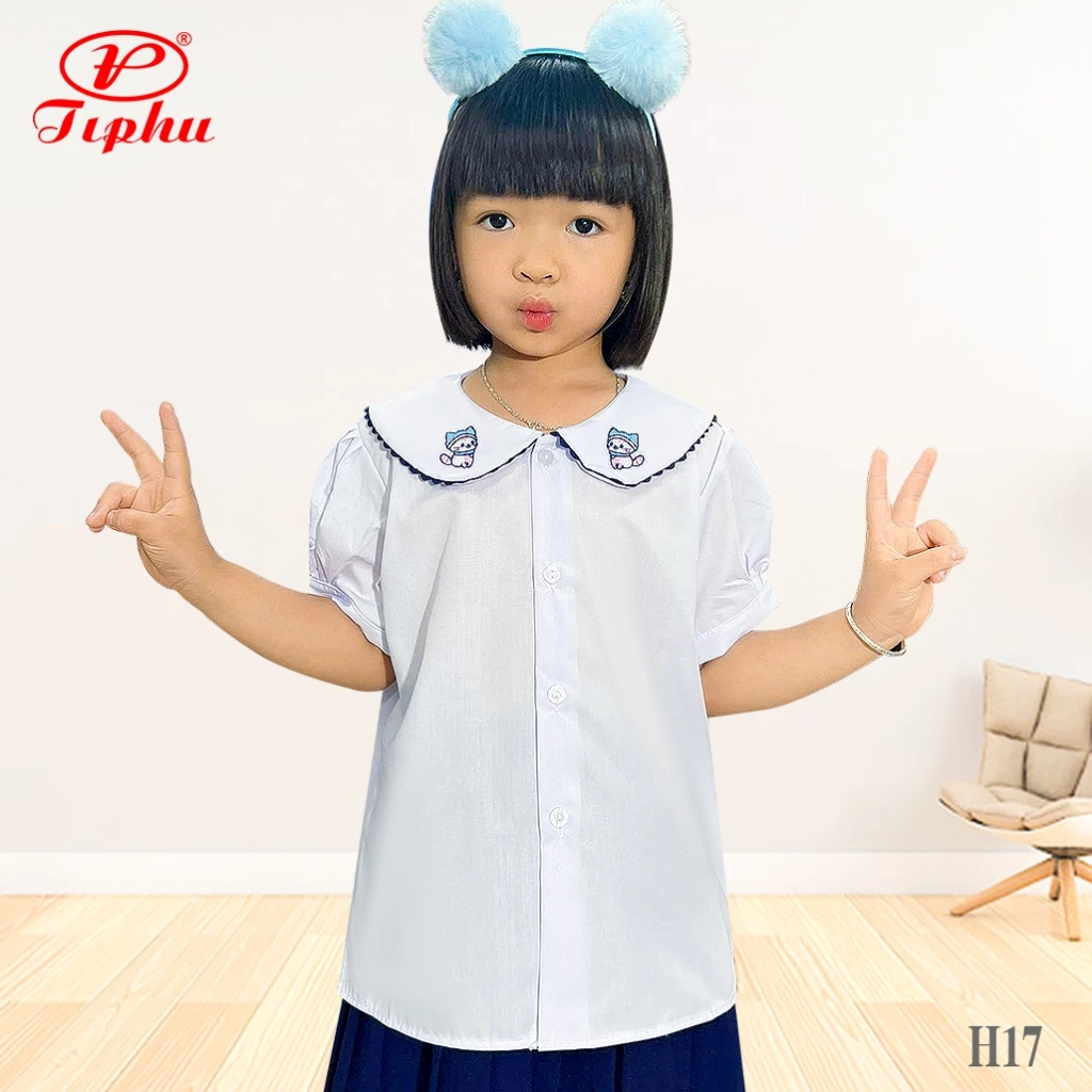 Áo trắng cổ sen thêu hoạt hinh xinh xắn, tay phồng, đồng phục bé gái cấp 1, size đến 65kg, Amazing