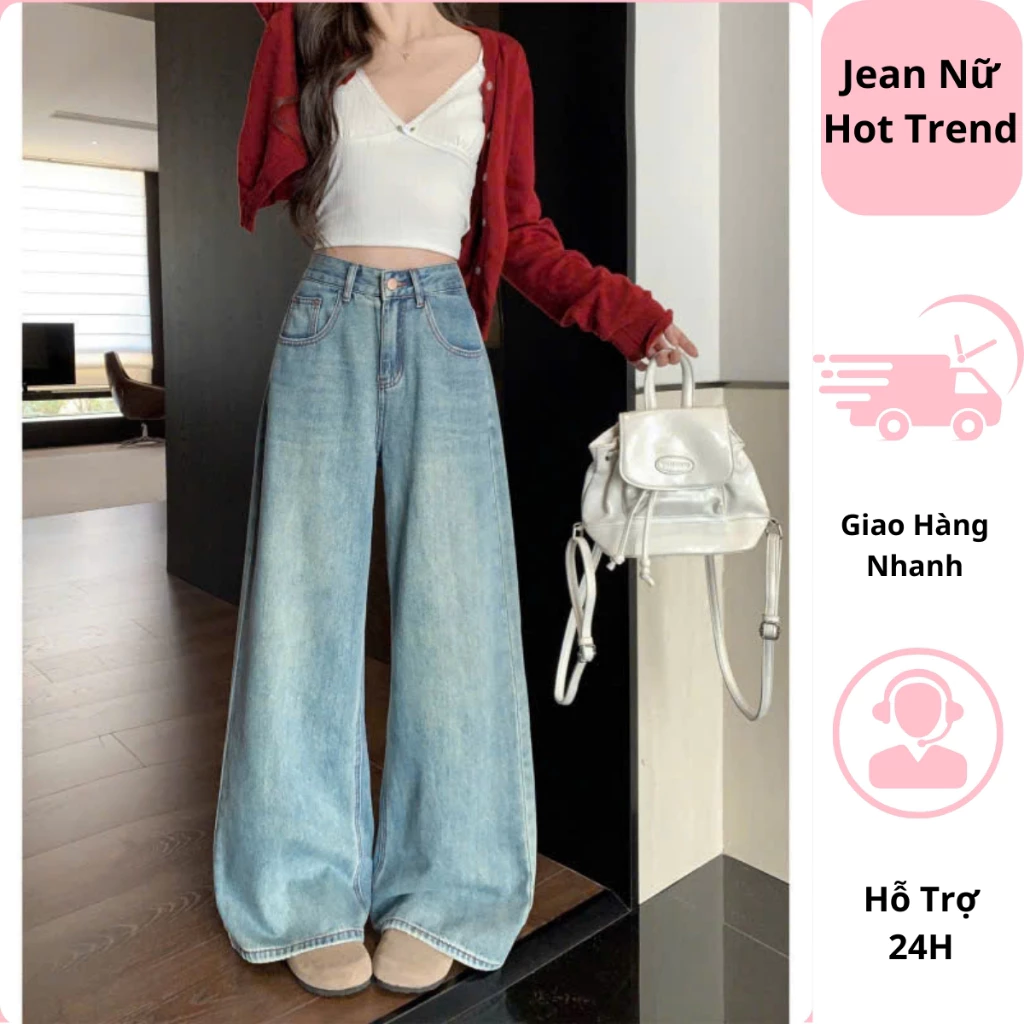 Quần jeans bò nữ ống suông rộng cạp cao màu nhạt chất vải mềm mại thời trang jean nữ  - Nana Shop