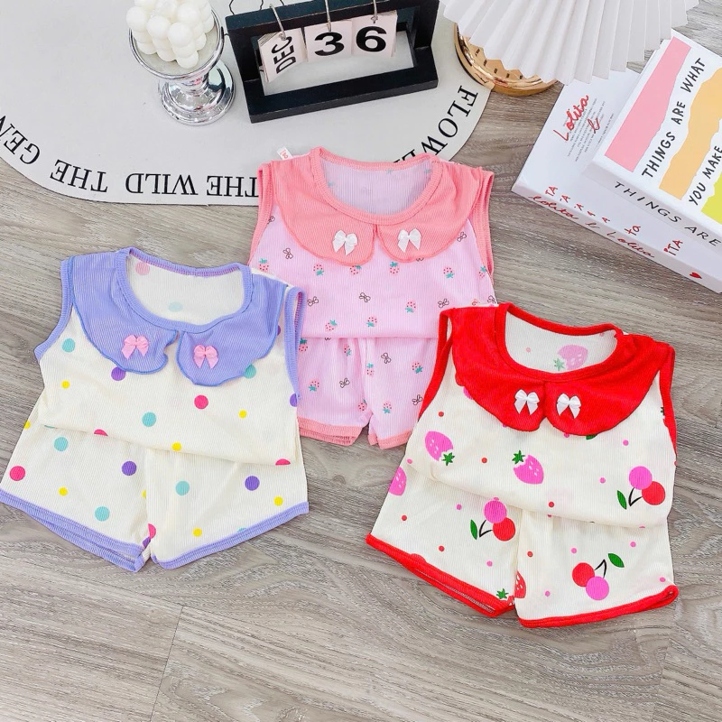 Bộ cổ sen đính nơ cho bé gái mặc mùa hè điệu , xinh , mát mẻ