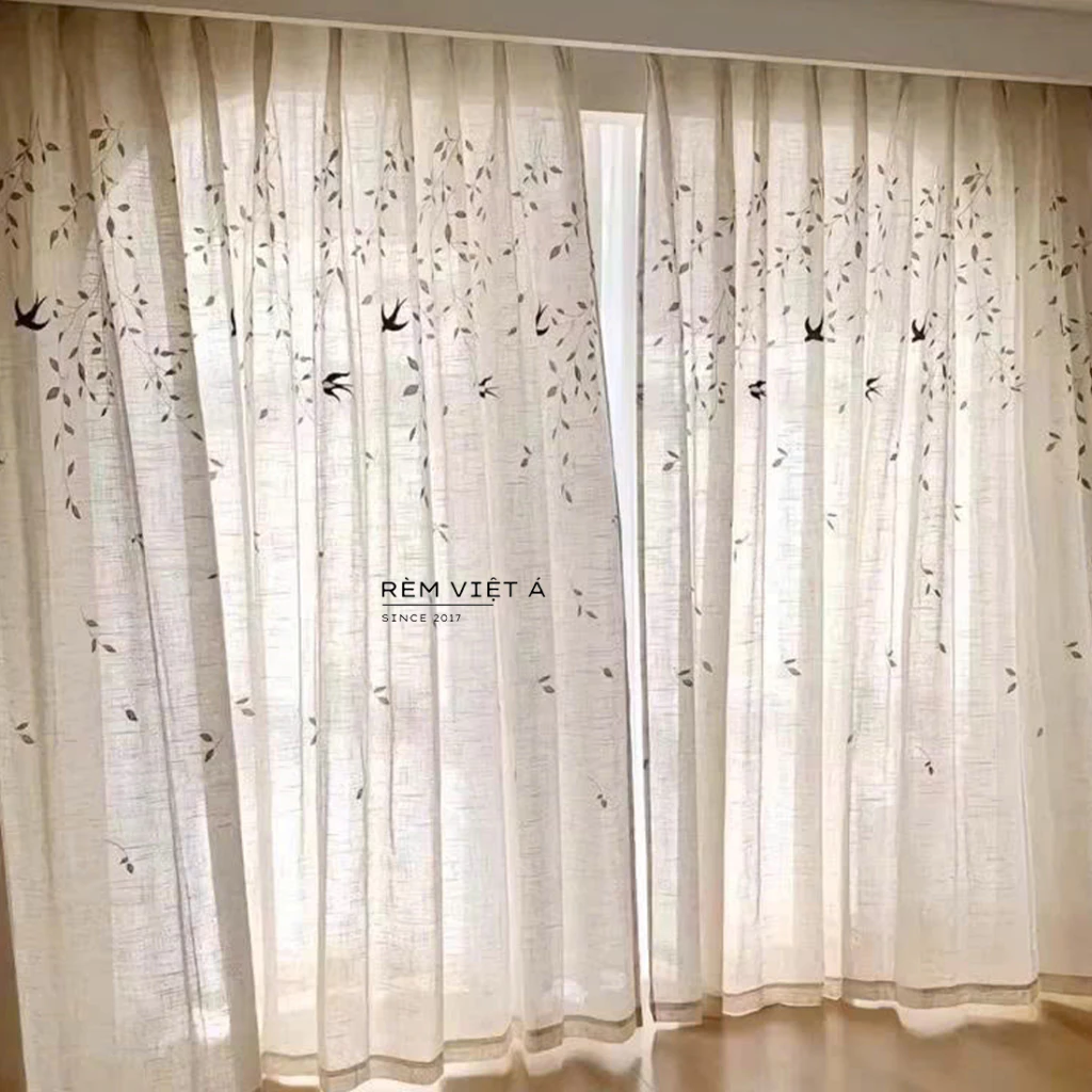 Rèm Linen Màu Be Họa Tiết Cánh Én Kết Hợp Dây Leo Tinh Tế, Sang Trọng, Decor Trang Trí Phòng Ngủ, Studio, Homestay
