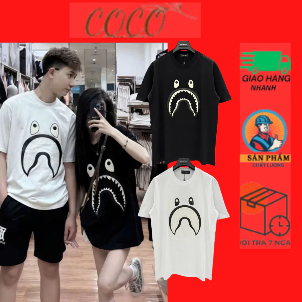 Áo Phông Nam Nữ Bape Hình In Cá Mập Form Rộng Tay Lỡ Vải Cotton 2 Chiều - Áo Thun In Hình Cá Mập SIêu Hot 2025