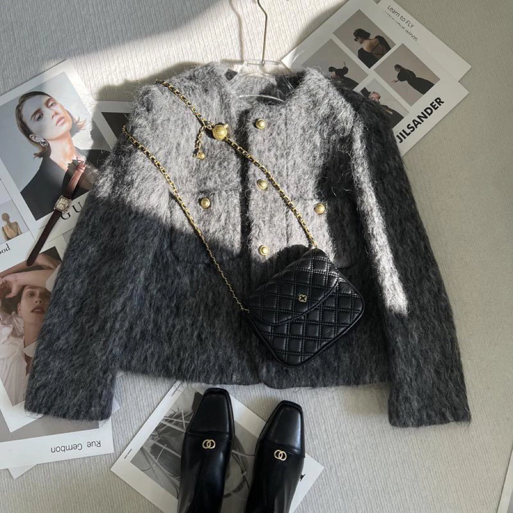 𝑶𝒏𝒊.𝑺𝒉𝒐𝒑_[SẴN GIAO LUÔN] Áo Dạ Tweed Lông Xám Siêu Sang QC