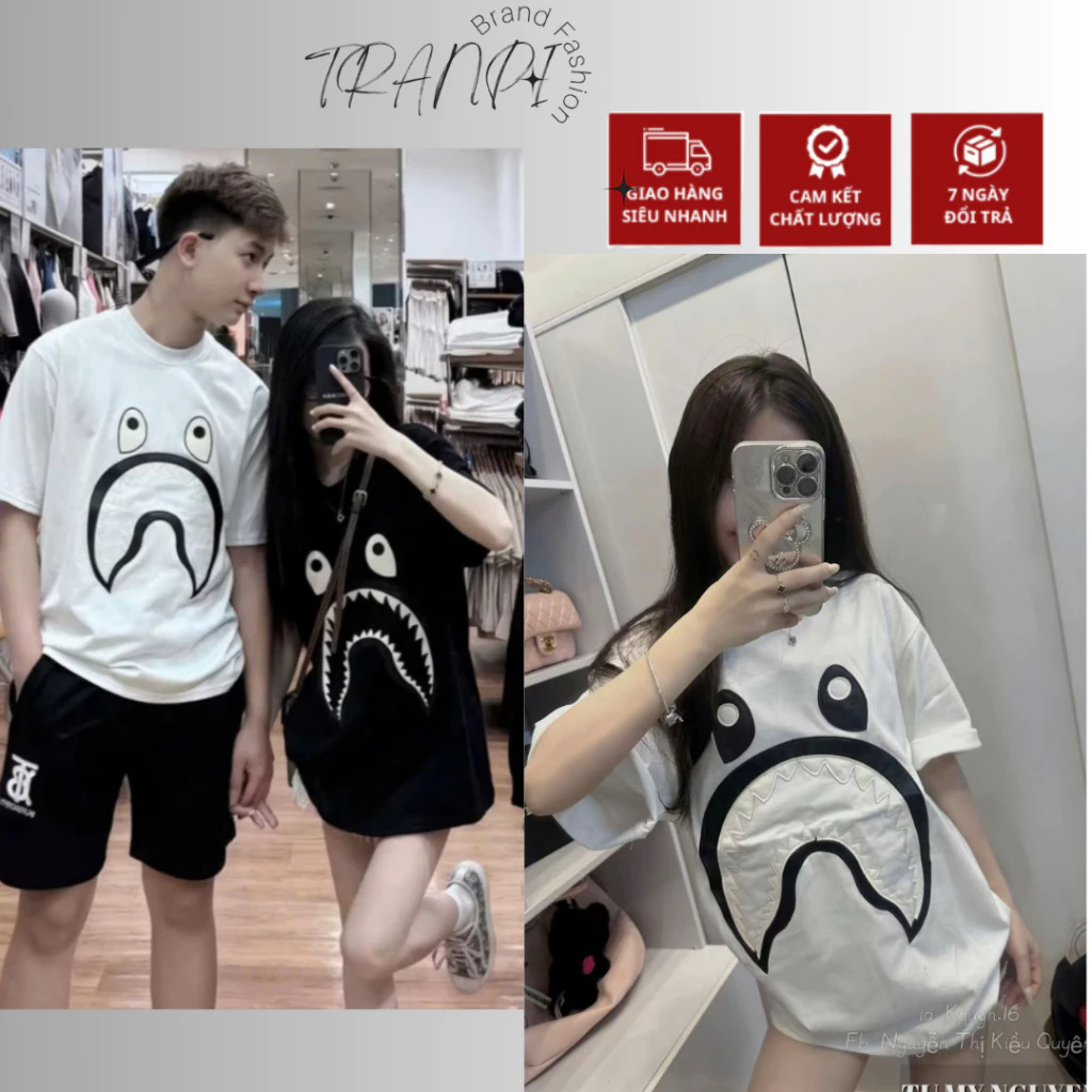 Áo Phông Nam Nữ Hình In Cá Mập Form Rộng Tay Lỡ Vải Cotton 2 Chiều Full Tag Mạc Mẫu Mới 2025