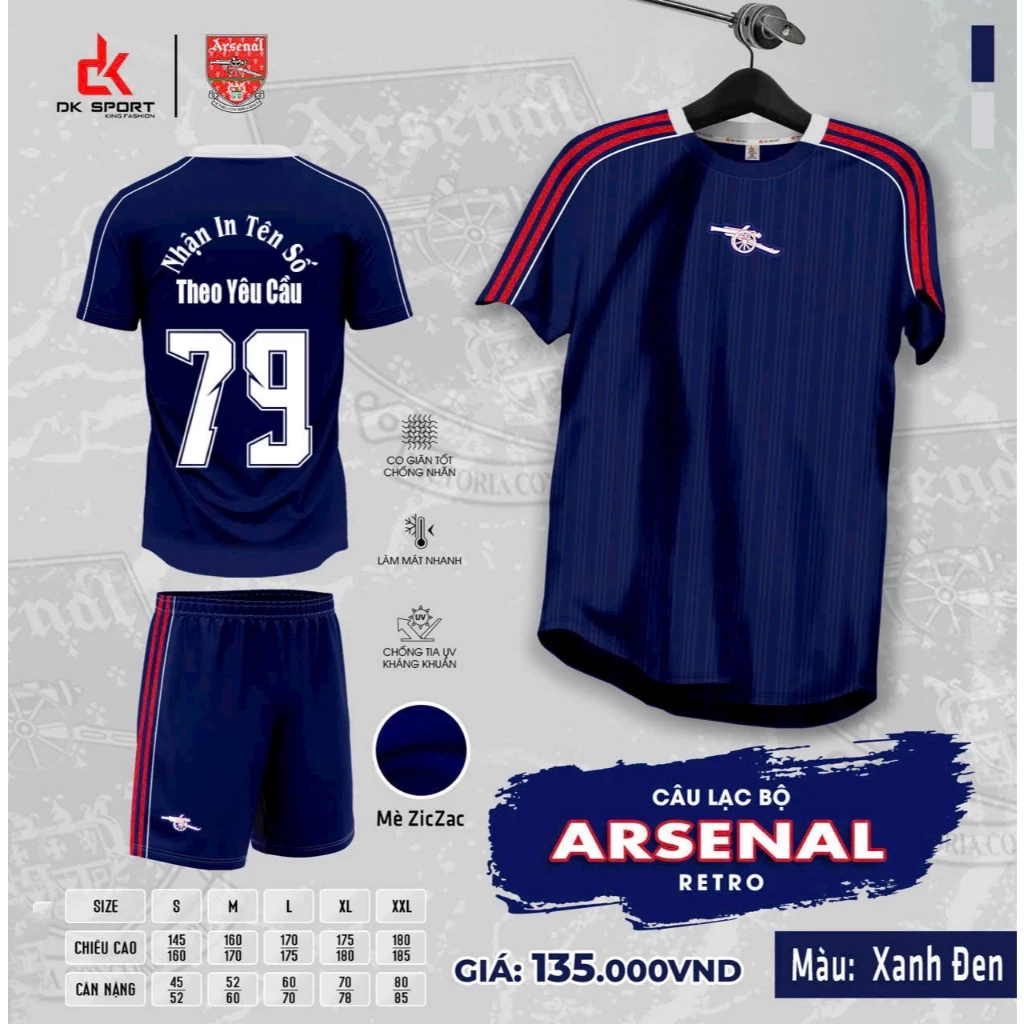 Quần Áo Đá Banh Arsenal Xanh đen viền 2025 (Nhận In Tên Số) Thun Mè Cao Cấp Logo Thêu Nam Nữ Top Sport
