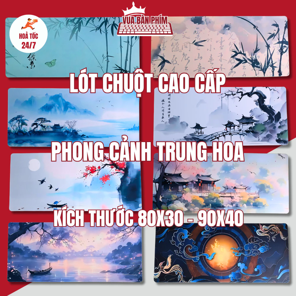 Tấm lót chuột cỡ lớn 80x30, 90x40cm, dày 3mm phong cách trung hoa, công nghệ in HD ,chống nước, chống trượt, di chuột êm
