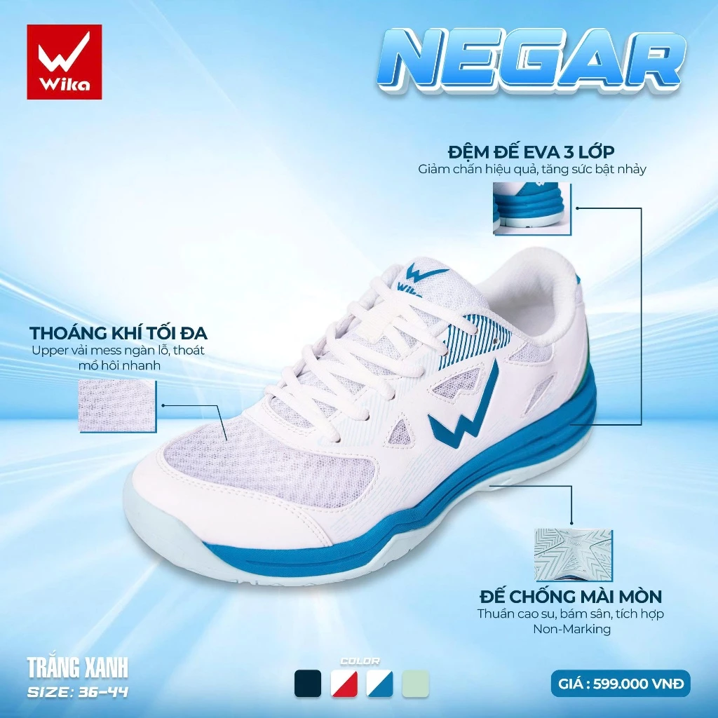 Giày Thể Thao Wika Negar Chính Hãng,Thoáng Khí , Nhẹ Chân, Đệm Đế EVA 3 Lớp, Đế Thuần Cao Su Bám Sân