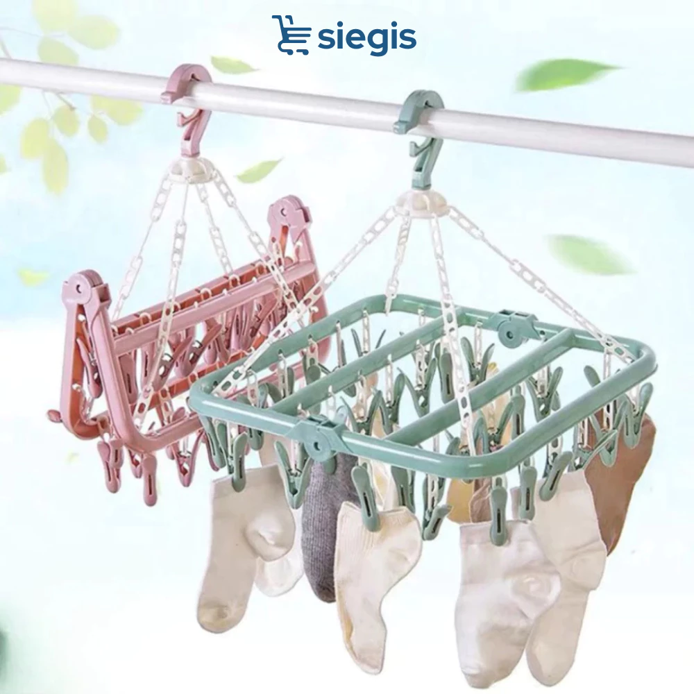 Móc Phơi Đồ Cho Bé Gấp Gọn - Móc Chùm Vuông 32 Kẹp Treo Phơi Tắt, Vớ, Quần Áo Lót