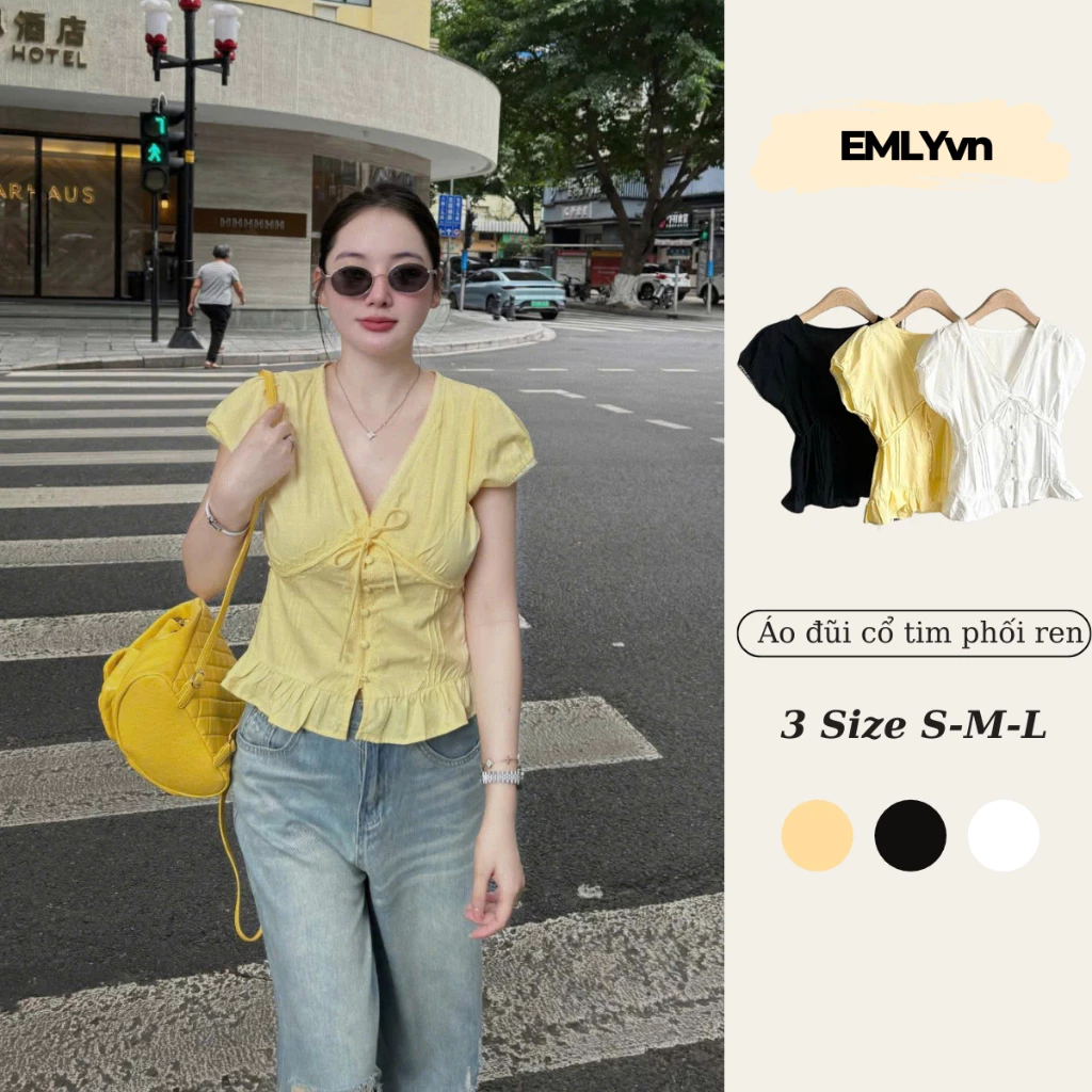 EMLY - Áo Sơ Mi Đũi Cổ Tim Phối Ren Có Nơ Dáng Babydoll, Áo Kiểu Nữ Mùa Hè Xinh Style Hàn Quốc