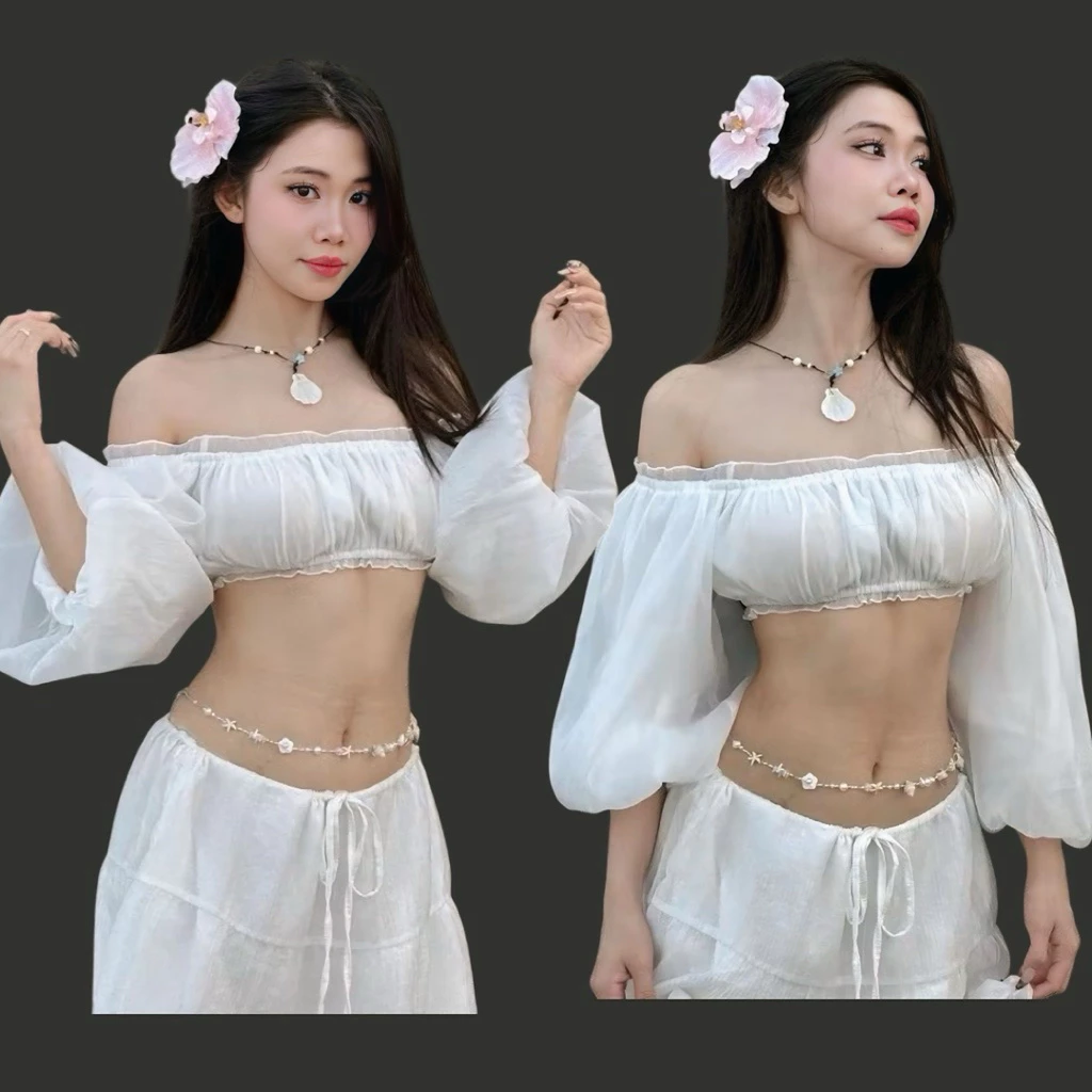 531 - Áo Trễ Vai Tay Bồng Croptop Đi Biển Mùa Hè Phong Cách Bánh Bèo