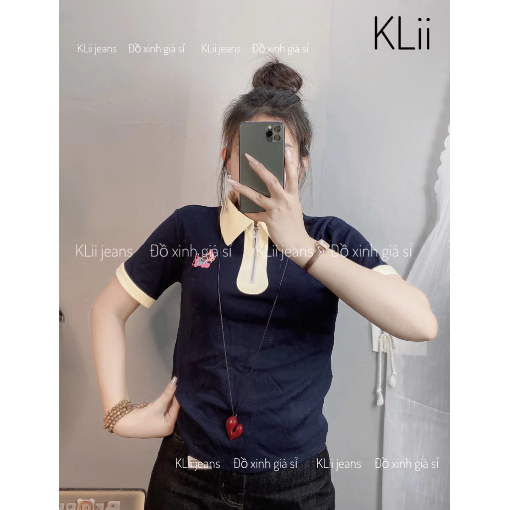 Áo thun cộc tay cổ trụ polo phối(ép 🐶 hồng) dễ thương🌷KLii sẵn
