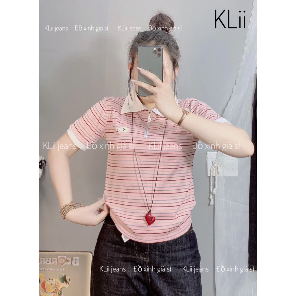 Áo thun cộc tay sọc nhỏ cổ trụ séc borip (ép mặt cười) KLii sẵn