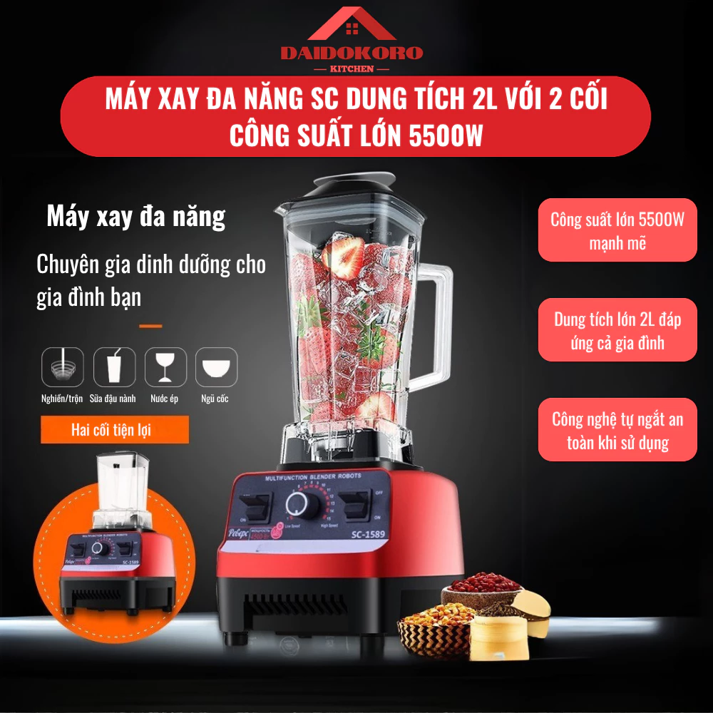 Máy Xay Sinh Tố Công Nghiệp Đa Năng SC-1589 Công Suất 5500W Gồm 2 Cối Xay và Dung tích 2 Lít
