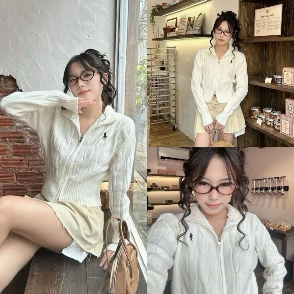 [Sẵn] Áo khoác len Croptop thêu ngựa vặn thừng hàng quảng châu