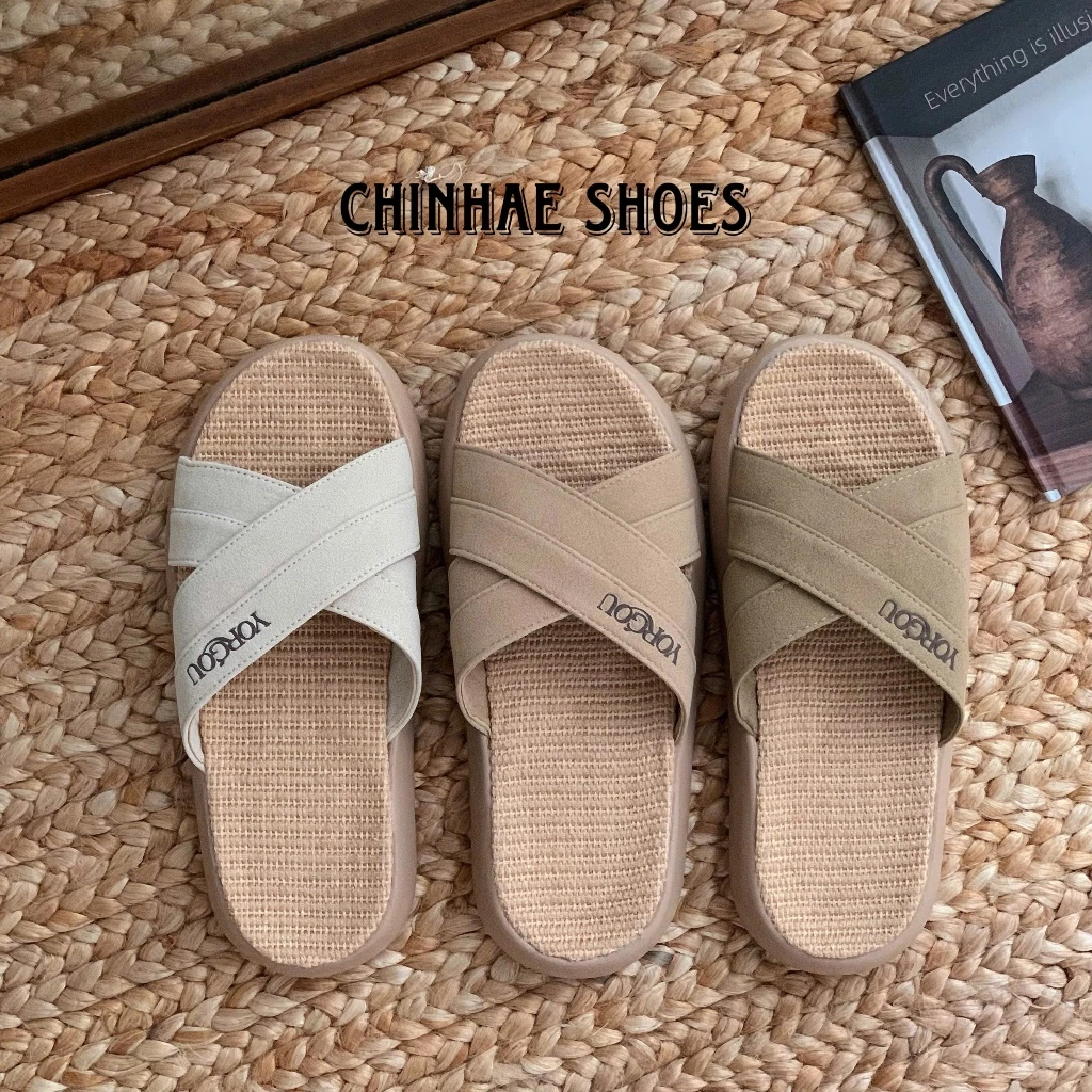 Dép lê quai chéo da lộn đế cói lanh kháng khuẩn siểu nhẹ chống mùi tăng chiều cao 3cm phong cách vintage hằng ngày D052
