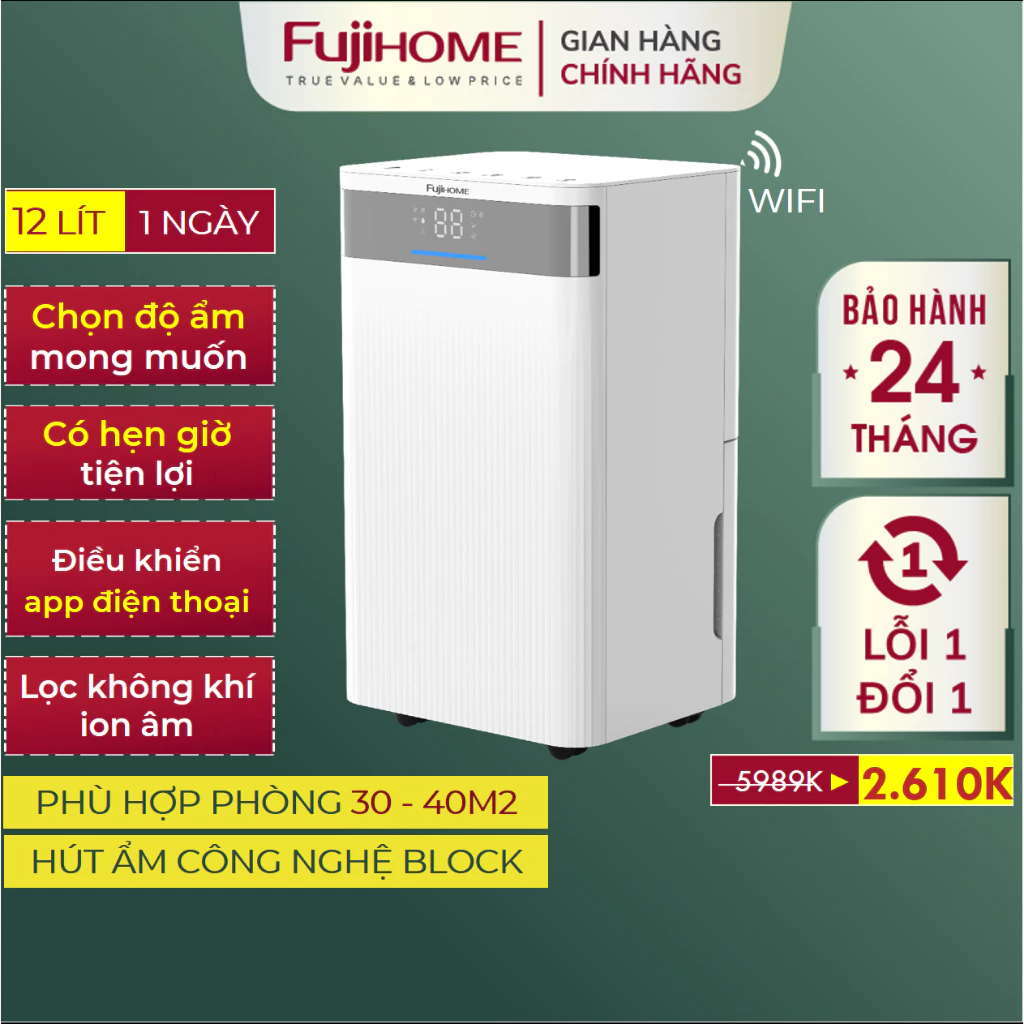 Máy hút ẩm không khí gia đình tiết kiệm điện FUJIHOME DH12NW, máy khử ẩm không ồn điều khiển từ xa