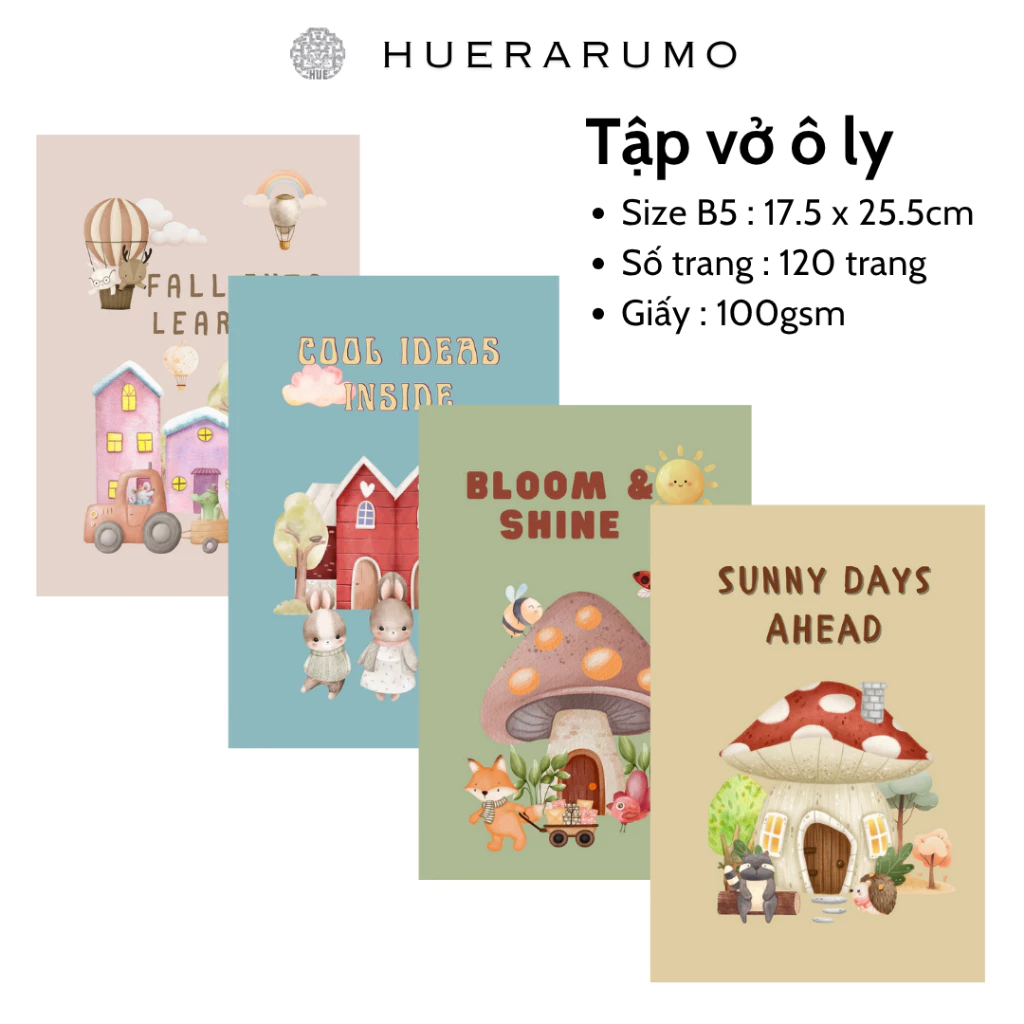 Vở B5 HUERARUMO 120 Trang Ô Ly – Giấy 100gsm – May Chỉ Chắc – Bìa Đẹp Dễ Thương – Dành Cho Học Sinh, Sinh Viên