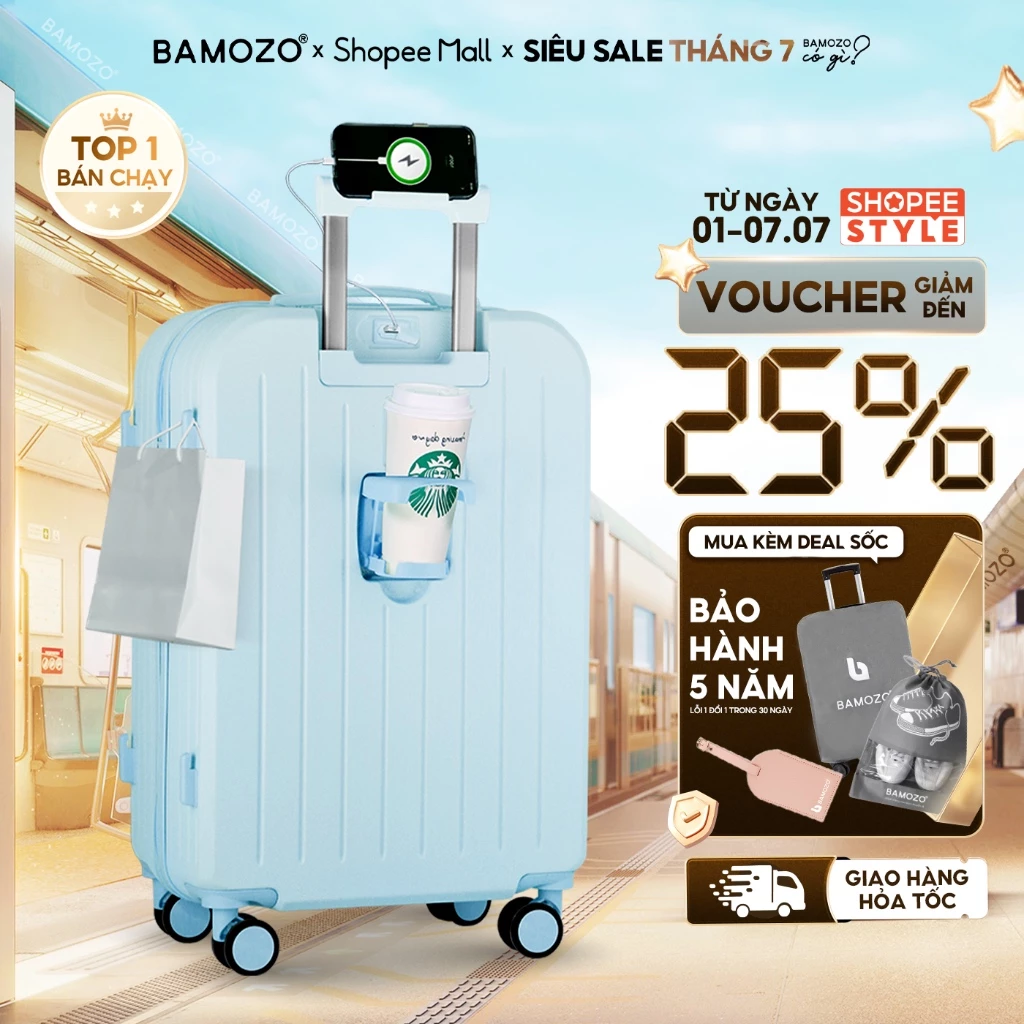 Vali Du Lịch Bamozo 8812 Thời Trang Size 20/24 Chất Liệu Nhựa ABS Bền Đẹp Bảo Hành 5 Năm
