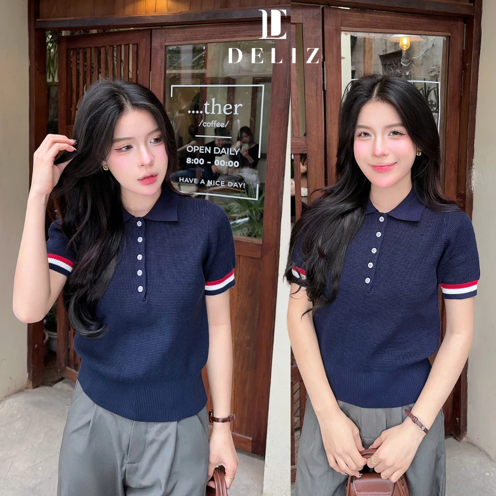 DELIZ - Áo len nữ polo cộc tay phối cúc len lông thỏ form vừa công sở hàn quốc hàng thiết kế PL10