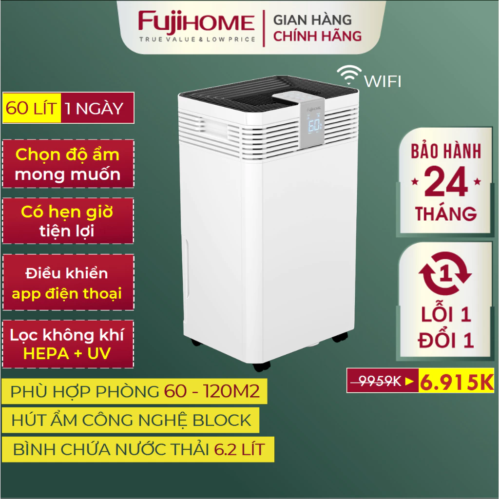 Máy hút ẩm công suất lớn FUJIHOME DH60W-HEPA Nhập Khẩu, Máy hút ẩm lọc không khí HEPA có Wifi diệt khuẩn UV