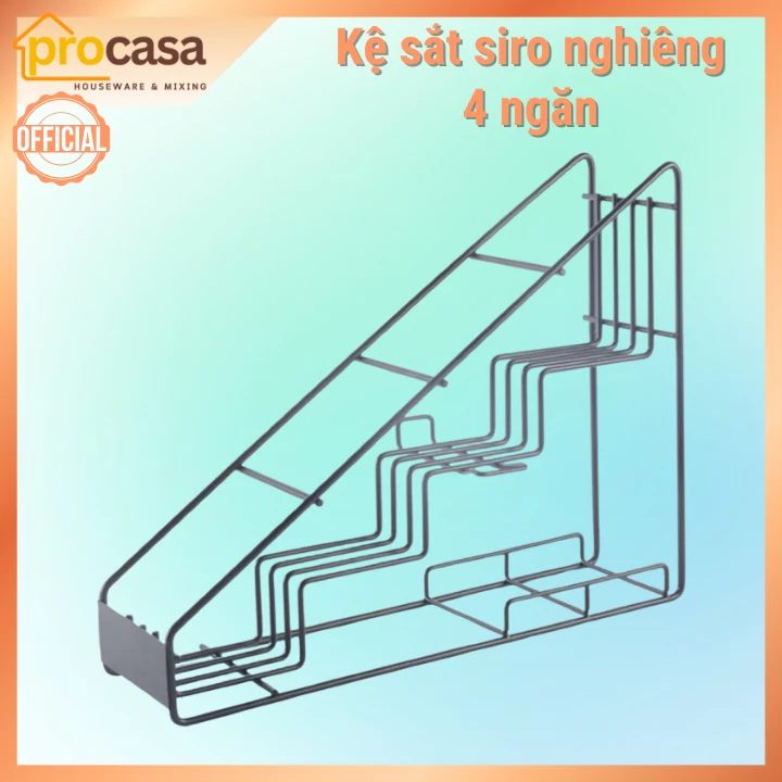 Giá chéo tam giác đựng chai siro, chai sốt 4 tầng cao cấp - Kệ sắt nghiêng 4 ngăn