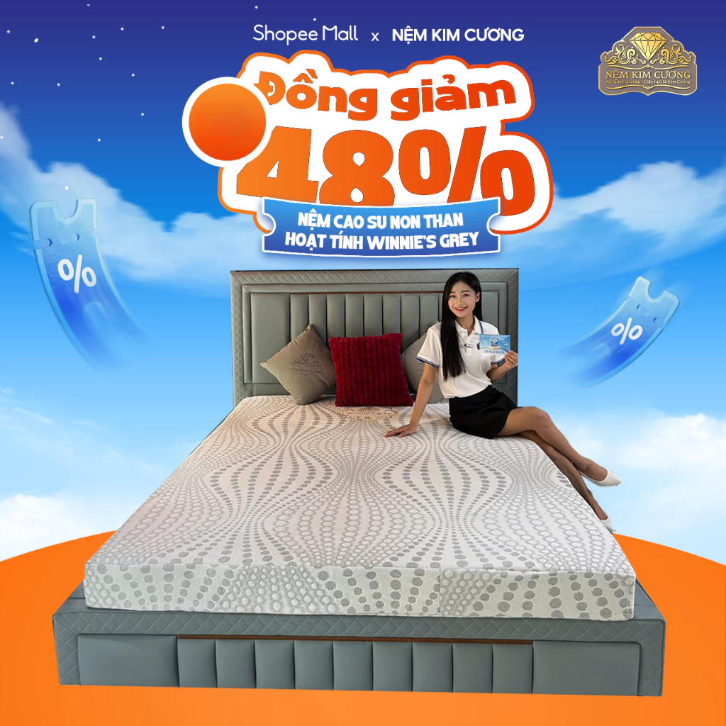 NỆM KIM CƯƠNG - Nệm cao su non than hoạt tính WINNIES GREY, êm ái, đàn hồi, nâng đỡ, bảo hành 10 năm.