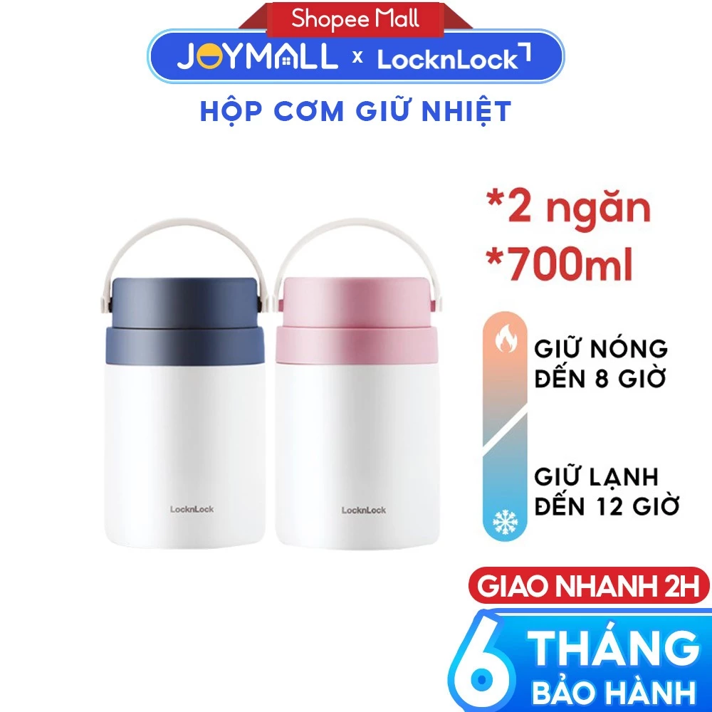 Hộp cơm giữ nhiệt LocknLock LHC8042 700ml - Hàng chính hãng, 2 ngăn kèm muỗng inox - JoyMall