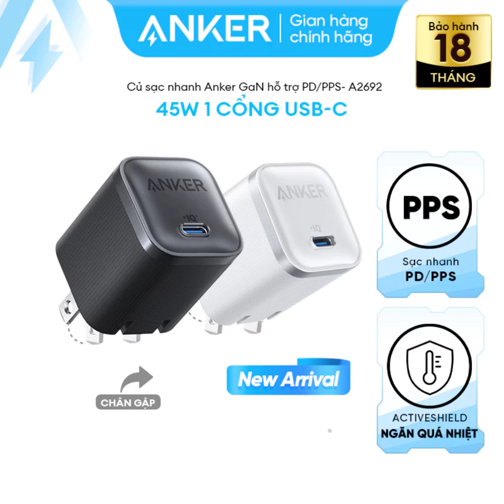 Củ sạc nhanh Anker A2692 45W GaN, ActiveShield ngăn quá nhiệt, hỗ trợ PD/PPS, Chân gập tiện lợi