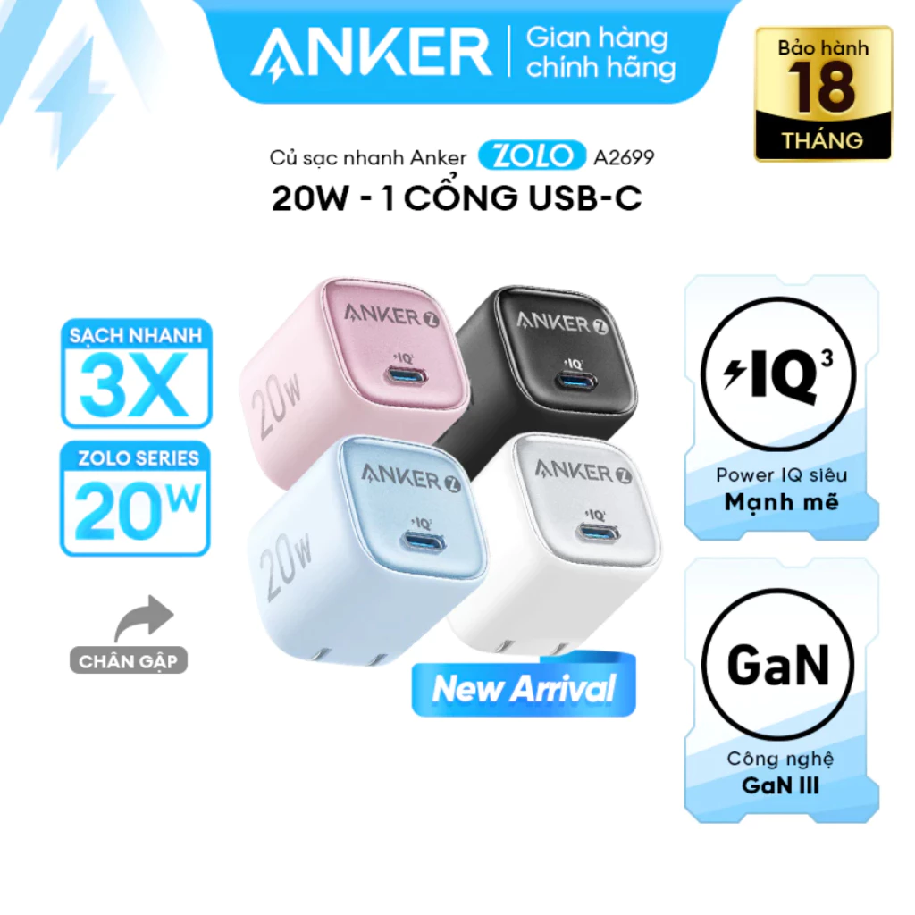 Củ sạc nhanh Anker Zolo 20W 1 cổng USB-C hỗ trợ PD, QC 3.0 - A2699