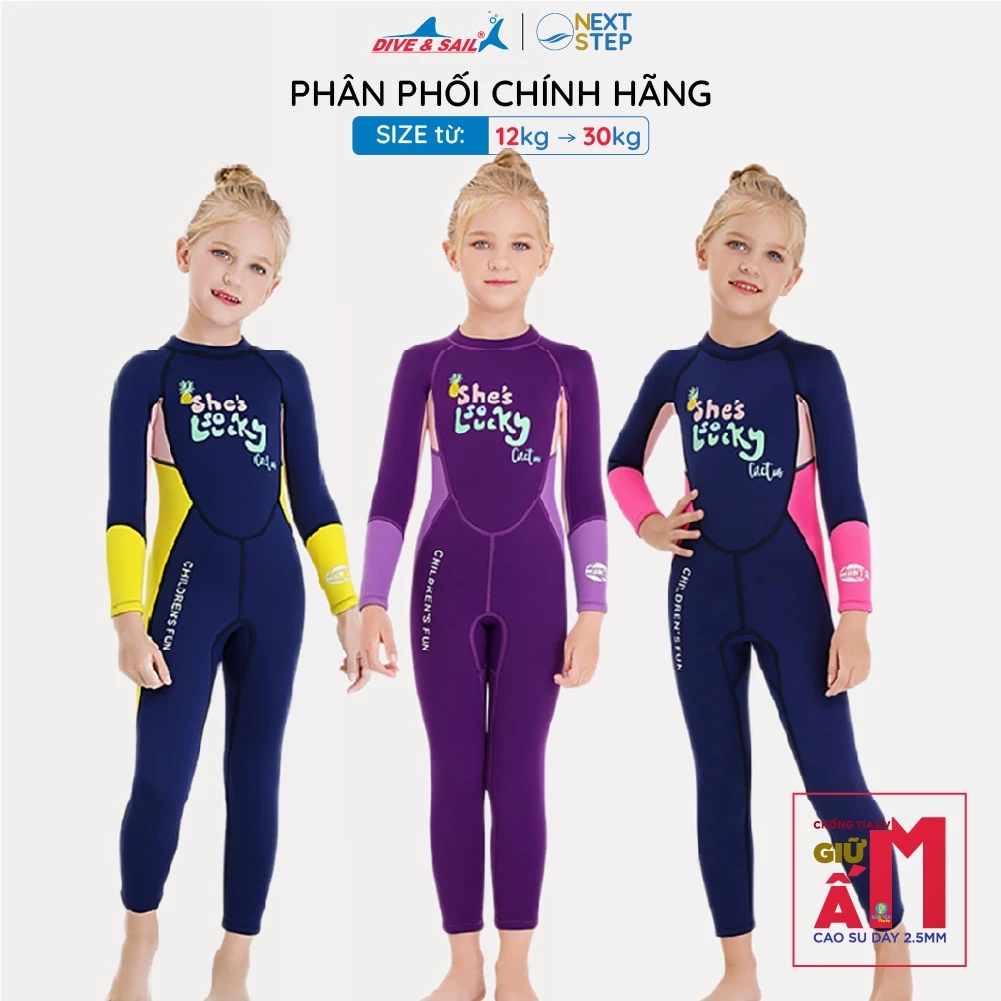 Đồ bơi giữ nhiệt bé gái Dive and Sail size 12-30kg chất cao su dày 2.5mm tay dài quần dài chống nắng