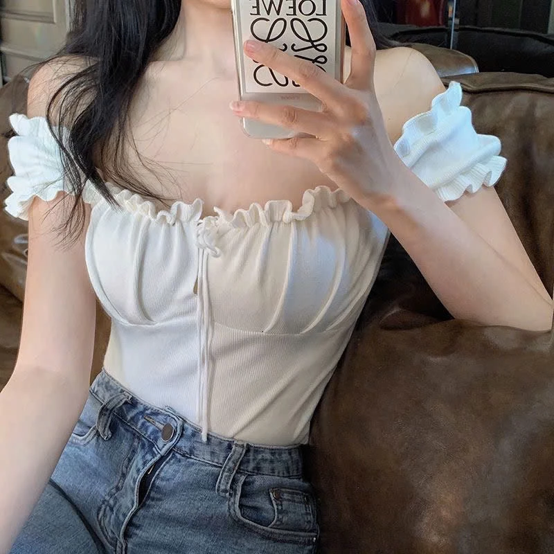 Áo croptop trễ vai tiểu thư nơ cổ ôm dáng mặc được 2 kiểu