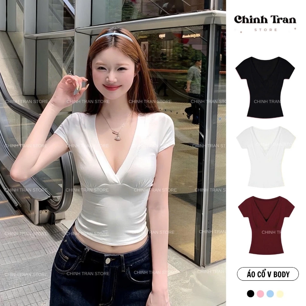 Áo Thun Cổ V Khoét Sâu Ôm Body Thắt Eo Chất Thun Cotton Co Giãn Nhiều Màu Nữ Tính - Chinh Trần Store
