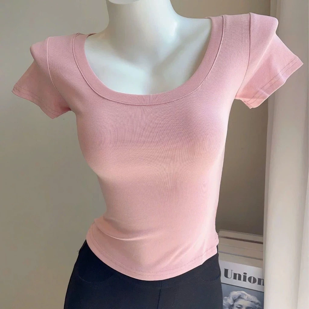 Áo Croptop babytee Cổ Rộng Trơn Tay Ngắn Nữ Tính